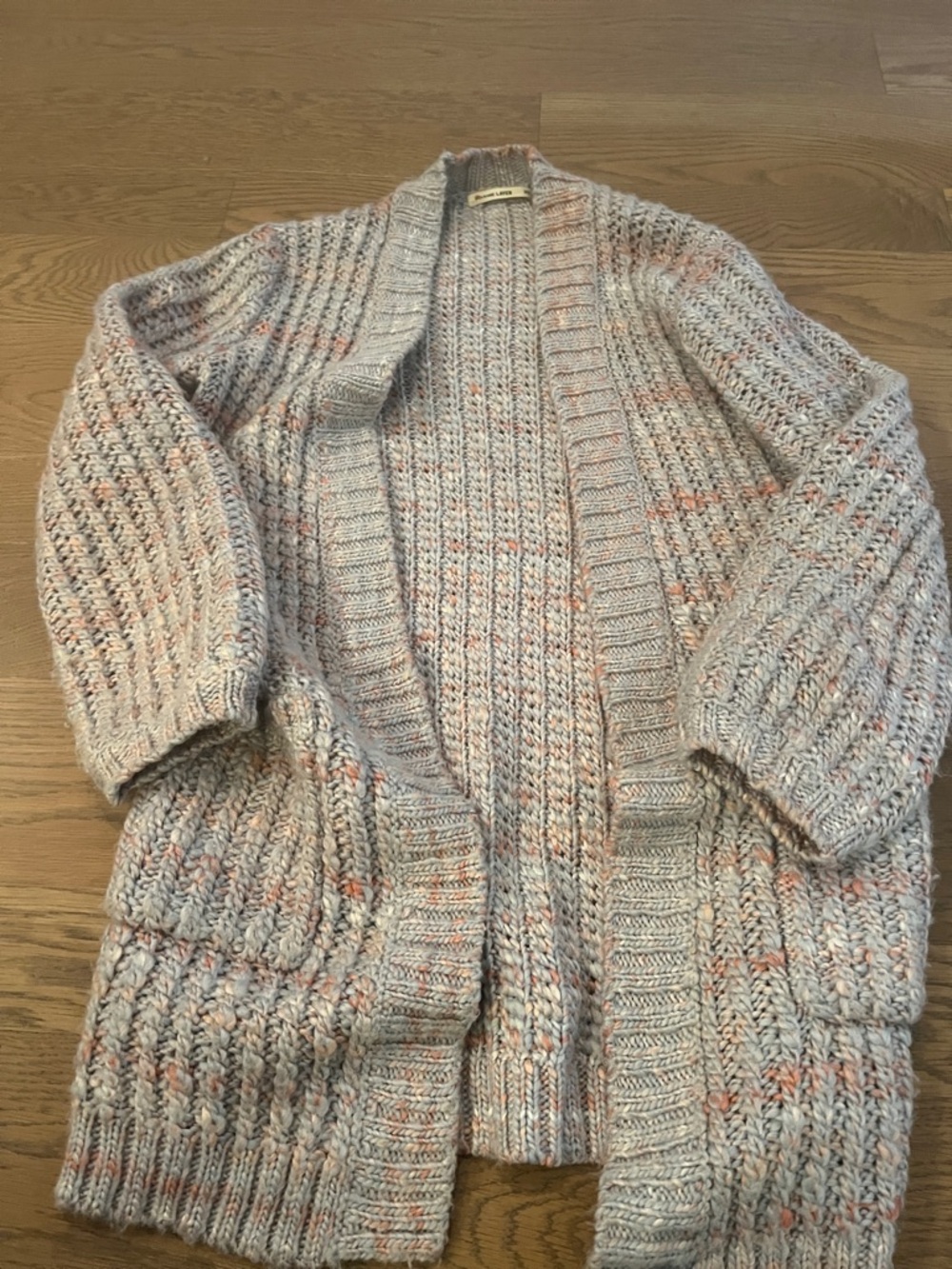 Cozy Chunky Open-Front Cardigan Sweater - Light Gray with Peach Flecks